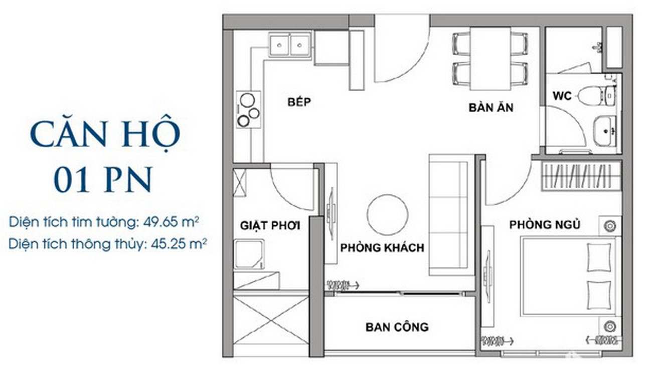 Thiết kế 1PN diện tích 49.65m² The Rivana Thuận An