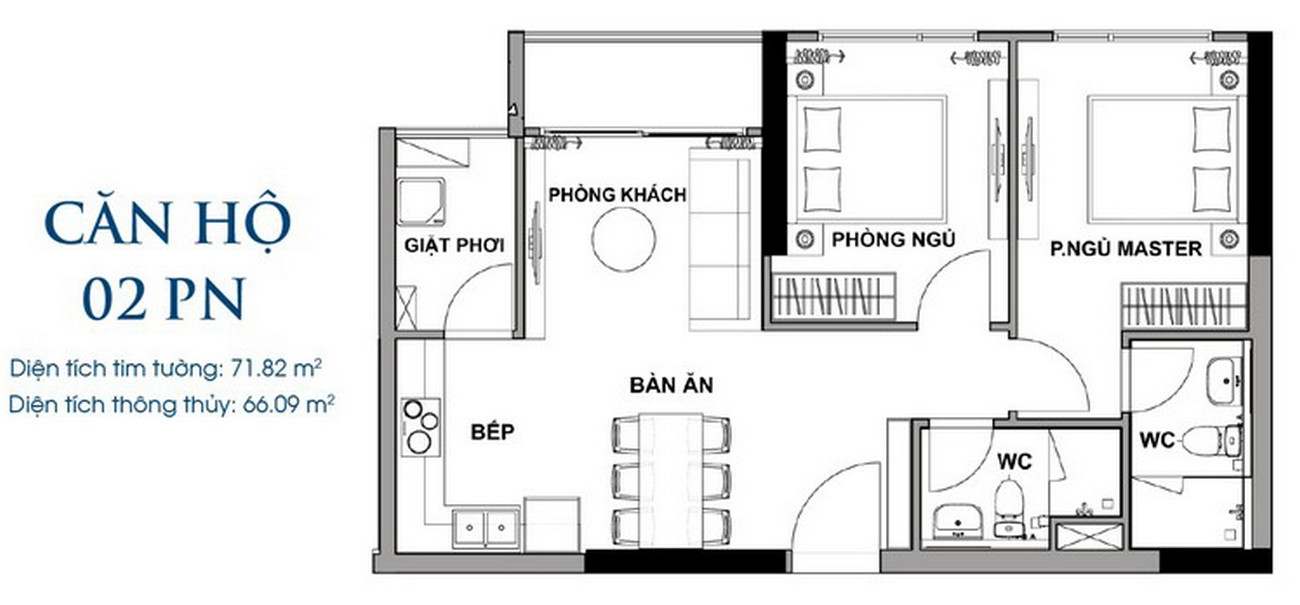 Thiết kế 2PN diện tích 71.82m² The Rivana