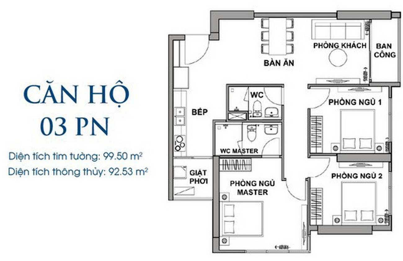 Thiết kế 3PN diện tích 99.50m² The Rivana