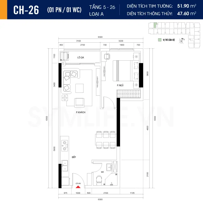Căn hộ 1PN-1WC diện tích 51,90m² Căn hộ 1PN-1WC diện tích 51,90m²