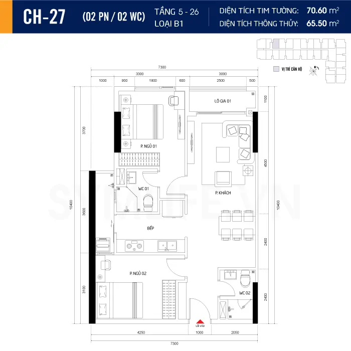 Căn hộ 2PN 2WC lọa B1 diện tích 70m² Căn hộ 2PN 2WC lọa B1 diện tích 70m²