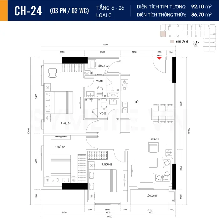 Căn hộ 3PN 2WC lọa C diện tích 92m² Căn hộ 3PN 2WC lọa C diện tích 92m²
