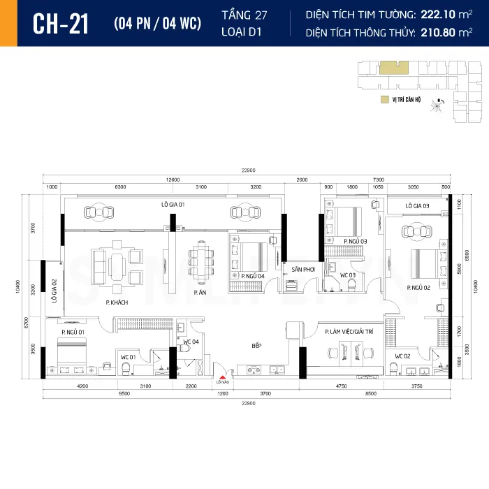 Căn hộ 4PN-4WC loại D1 diện tích 222m² Căn hộ 4PN-4WC loại D1 diện tích 222m²