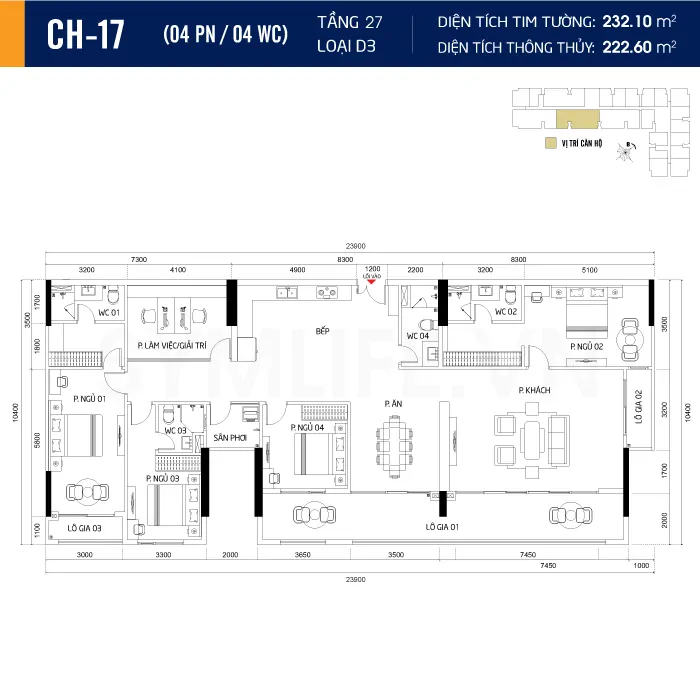 Căn hộ 4PN-4WC loại D3 diện tích 232m² Căn hộ 4PN-4WC loại D3 diện tích 232m²