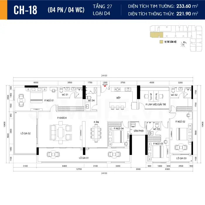 Căn hộ 4PN-4WC loại D4 diện tích 233m² Căn hộ 4PN-4WC loại D4 diện tích 233m²