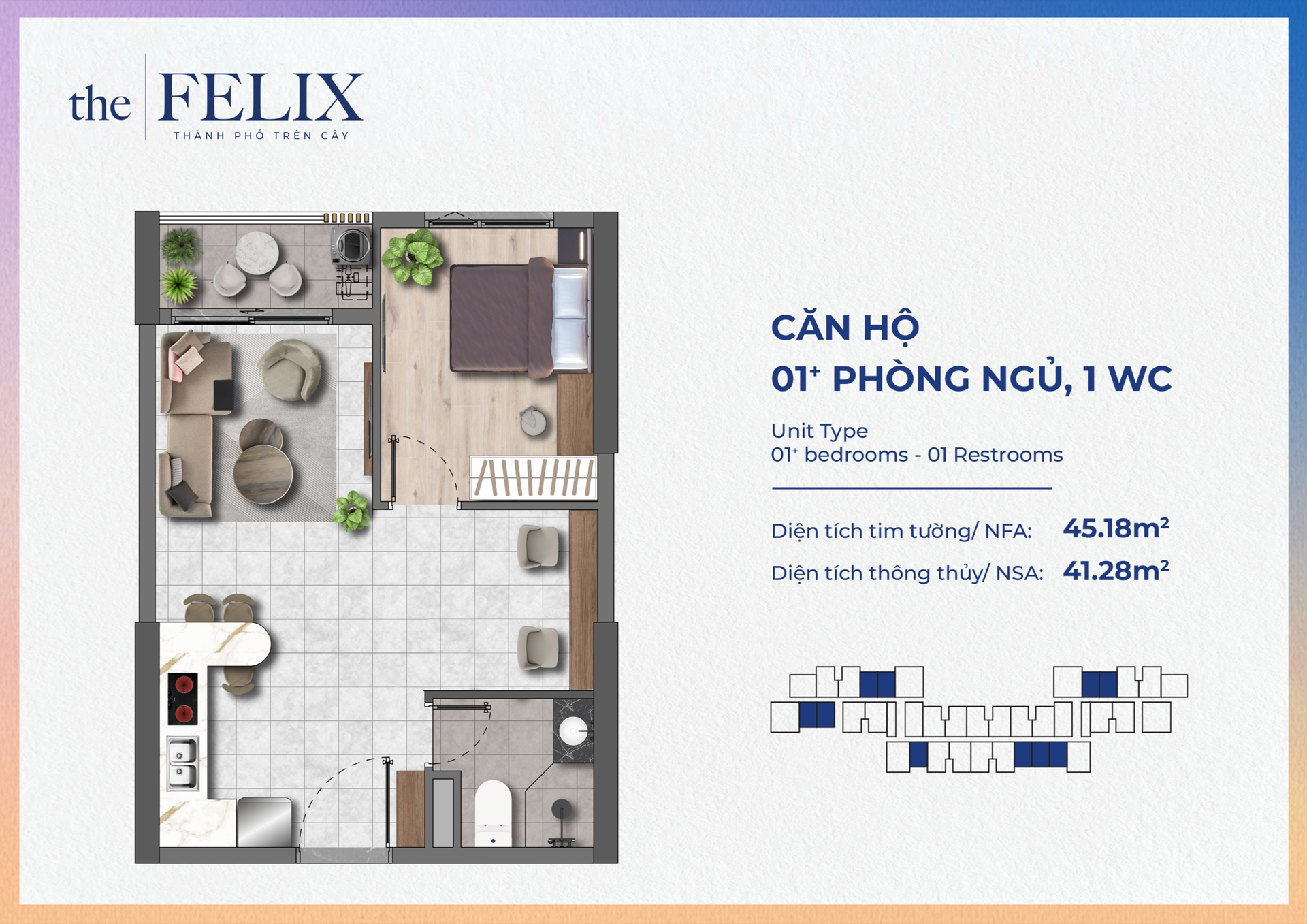 Thiết kế căn hộ 1PN+1WC - 45.18m2