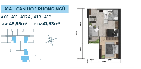 Thiết kế căn 1PN mã căn A1, A11, A12A, A18, A19