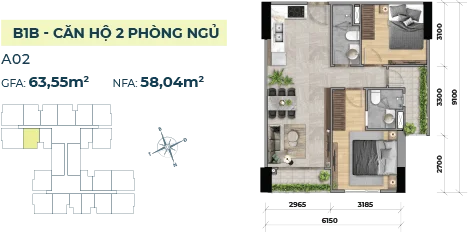 Thiết kế căn 2PN mã căn A02