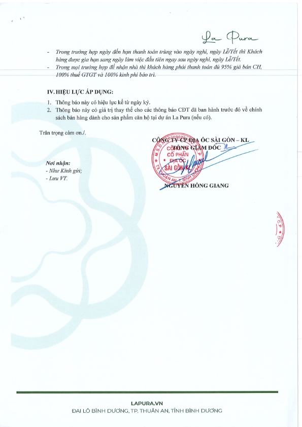 Chính sách bán hàng dành La Pura Thuận An