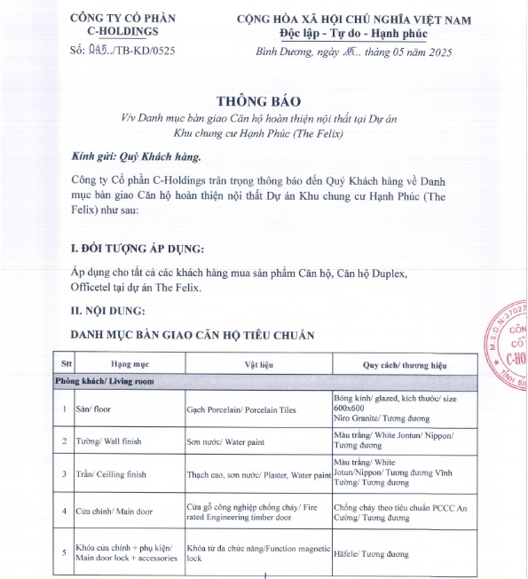 Nội thất bàn giao căn hộ The Felix