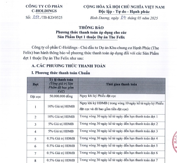 Phương thức thanh toán căn hộ The Felix