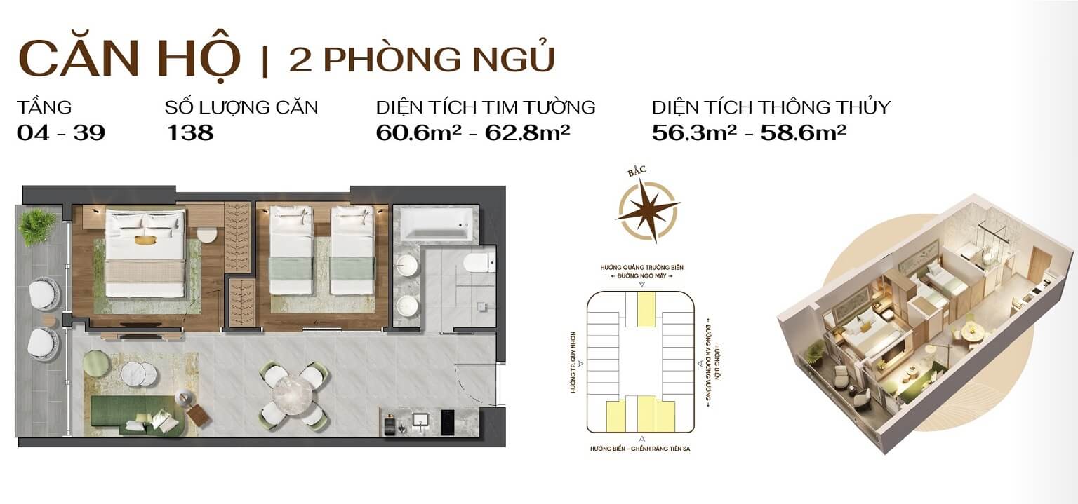Thiết kế căn hộ 2 phòng ngủ Q1 Tower Quy Nhơn Thiết kế căn hộ 2 phòng ngủ Q1 Tower Quy Nhơn