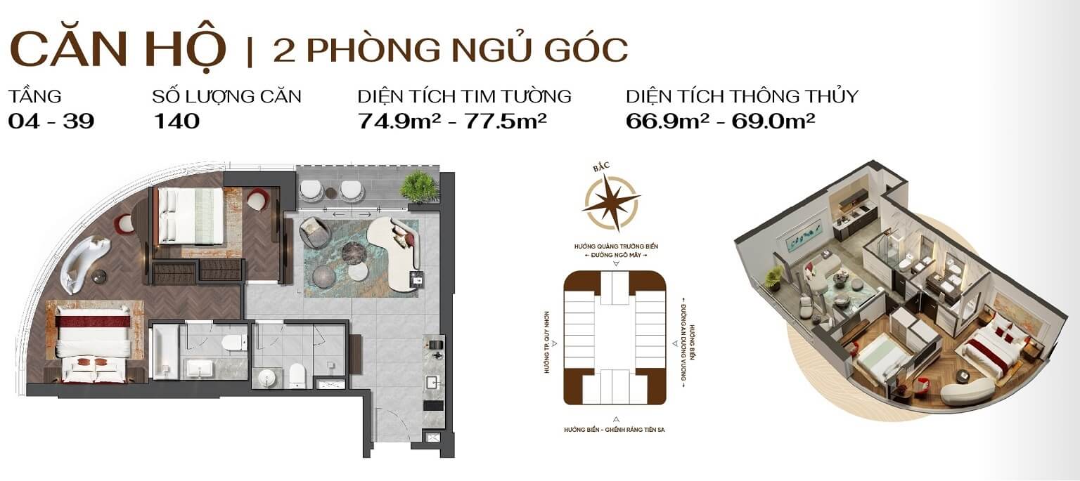 Q1 TOWER Thiết kế căn hộ 2 phòng ngủ góc Q1 Tower Quy Nhơn