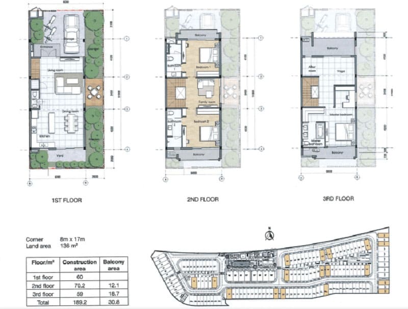 Mặt bằng thiết kế nhà phố căn góc diện tích 8×17 Palm Residence